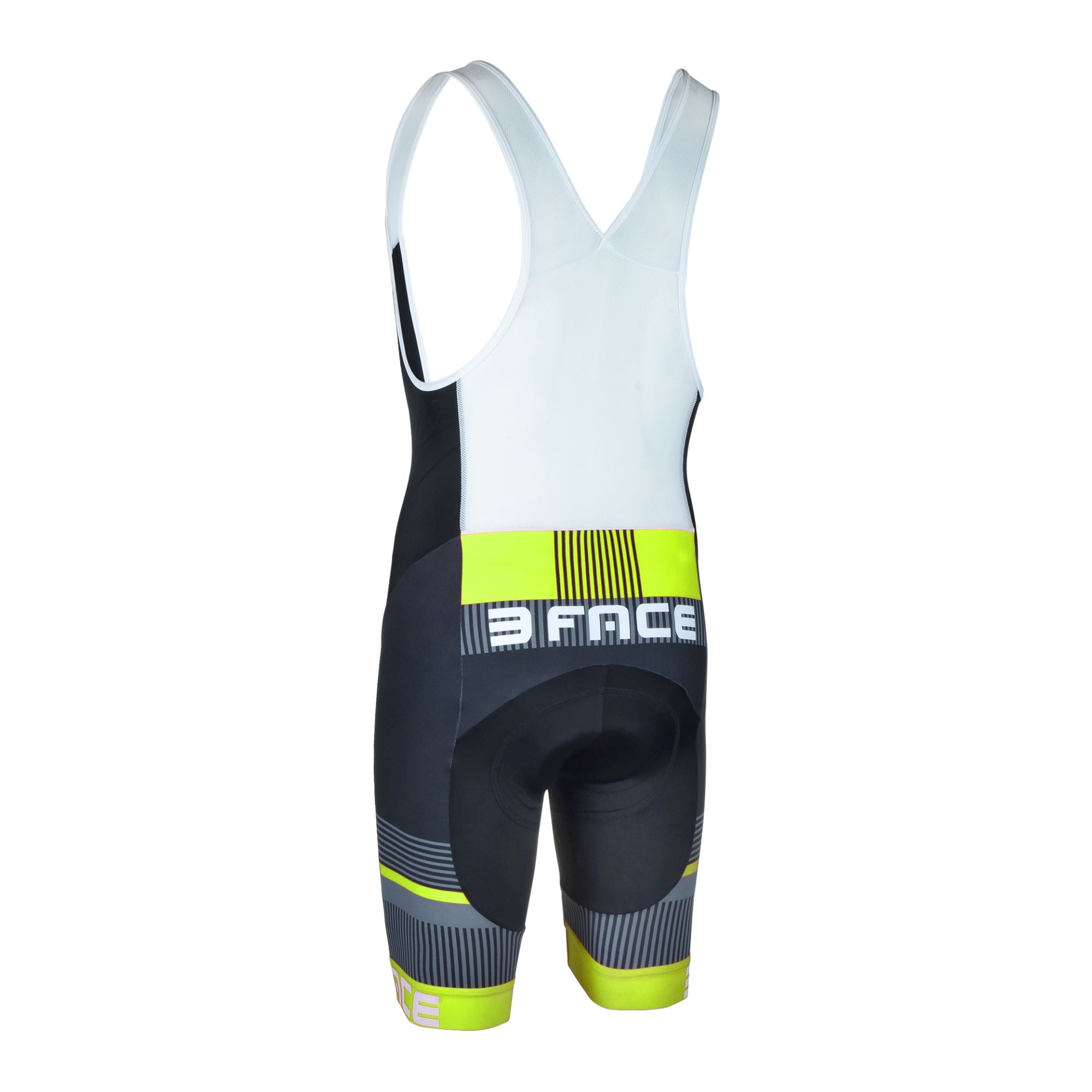 Die 3face DEAL Velohose in Schwarz mit leuchtend gelben Akzenten und ergonomischer Passform. Die Rückansicht zeigt das atmungsaktive Material und die strategisch platzierte Polsterung für maximalen Komfort auf langen Velotouren. Die kontrastreiche Farbkombination sorgt für einen sportlichen Look und bessere Sichtbarkeit.