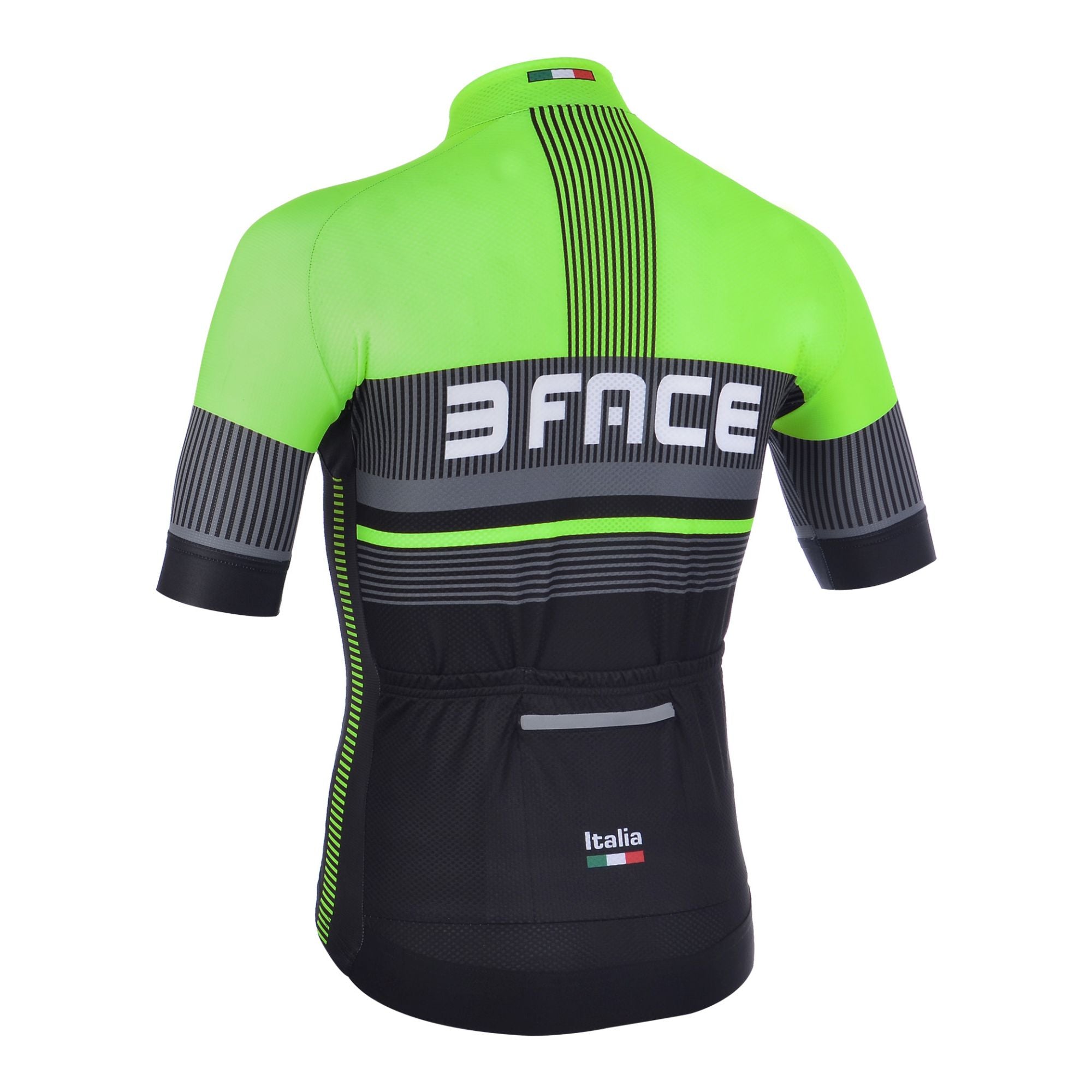 Das Kurzarm-Trikot DEAL von 3face in kräftigem Grün, aufgenommen von hinten. Die enganliegende Passform sorgt für eine aerodynamische Silhouette, während das atmungsaktive Material Feuchtigkeit optimal ableitet. Die verlängerte Rückenpartie mit praktischen Rückentaschen bietet zusätzlichen Stauraum für lange Velotouren. Perfekt für Fahrer, die auf Performance und modernes Design setzen.