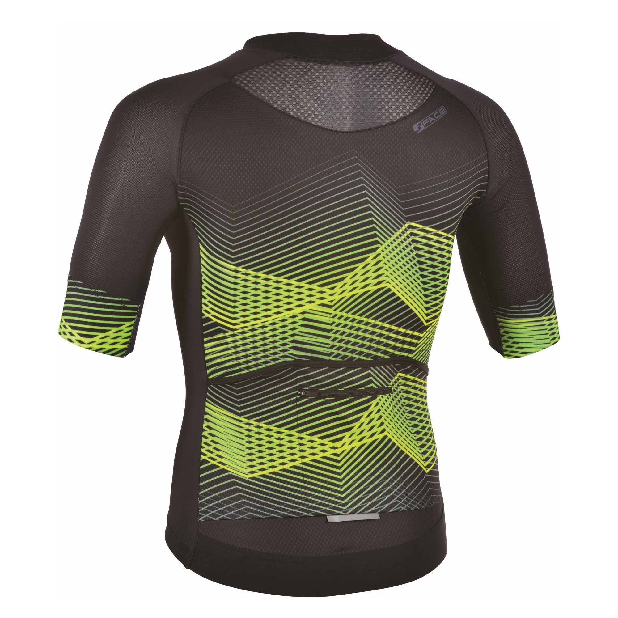 Das 3face Herren-Trikot in Schwarz mit gelben Akzenten aus der Rückansicht. Der ergonomische Schnitt sorgt für eine optimale Passform, während das atmungsaktive Material Feuchtigkeit zuverlässig ableitet. Auffällig sind die gelben Details und die praktischen Rückentaschen für Verpflegung oder kleine Ausrüstungsgegenstände. Ideal für Velofahrer, die Funktionalität und modernes Design schätzen.