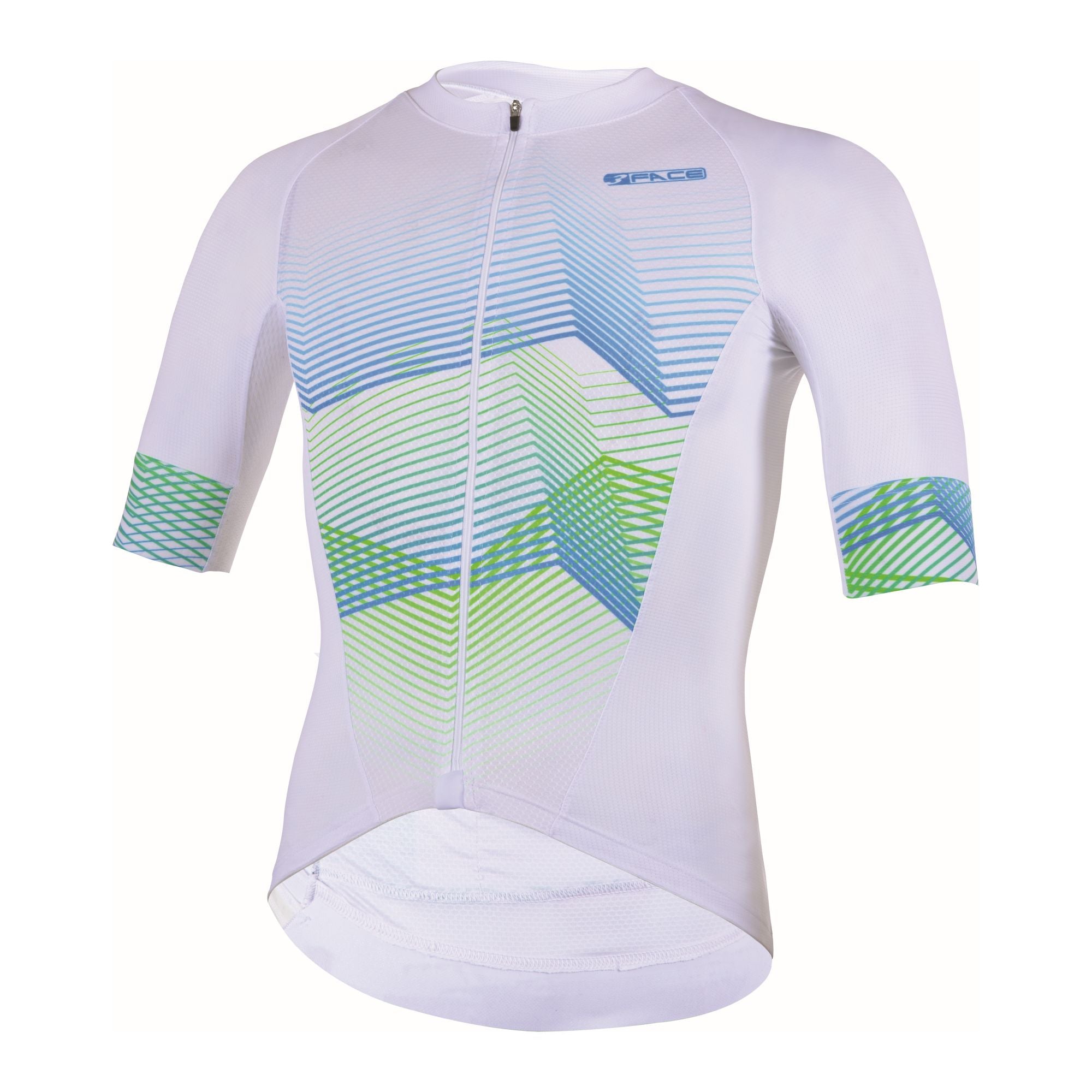 Ein hochwertiges Herren-Trikot von 3face in Weiss mit stilvollen blau-grünen Akzenten. Das atmungsaktive Material sorgt für optimalen Tragekomfort, während das moderne Design für einen dynamischen Look auf dem Velo sorgt. Im Bild ist das Trikot frontal zu sehen, wodurch die Passform und das Muster besonders gut zur Geltung kommen. Ideal für Velofahrer, die Funktionalität und Stil kombinieren möchten.