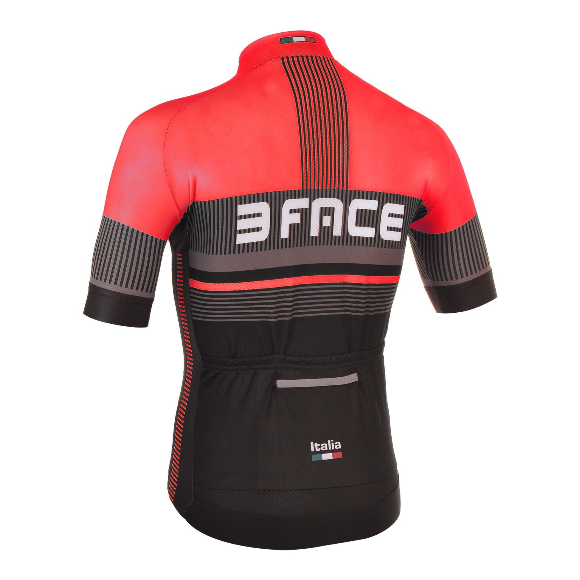 Das Kurzarm-Trikot DEAL von 3face in leuchtendem Rot, aufgenommen von hinten. Die enganliegende Passform sorgt für eine aerodynamische Silhouette, während das atmungsaktive Material den Feuchtigkeitstransport optimiert. Die verlängerte Rückenpartie mit praktischen Rückentaschen bietet zusätzlichen Stauraum für lange Velotouren. Perfekt für Fahrer, die auf Performance und stilvolles Design setzen.