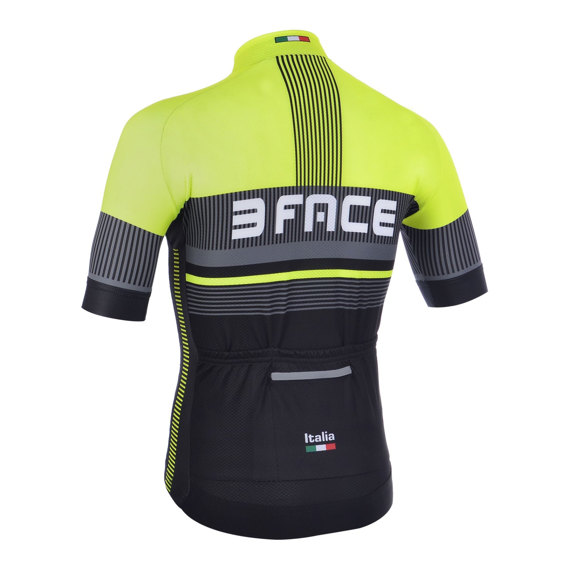 Das Kurzarm-Trikot DEAL von 3face in tiefem Schwarz, aufgenommen von hinten. Die enganliegende Passform sorgt für eine aerodynamische Silhouette, während das atmungsaktive Material Feuchtigkeit optimal ableitet. Die verlängerte Rückenpartie mit praktischen Rückentaschen bietet zusätzlichen Stauraum für lange Velotouren. Perfekt für Fahrer, die auf Performance und zeitloses Design setzen.