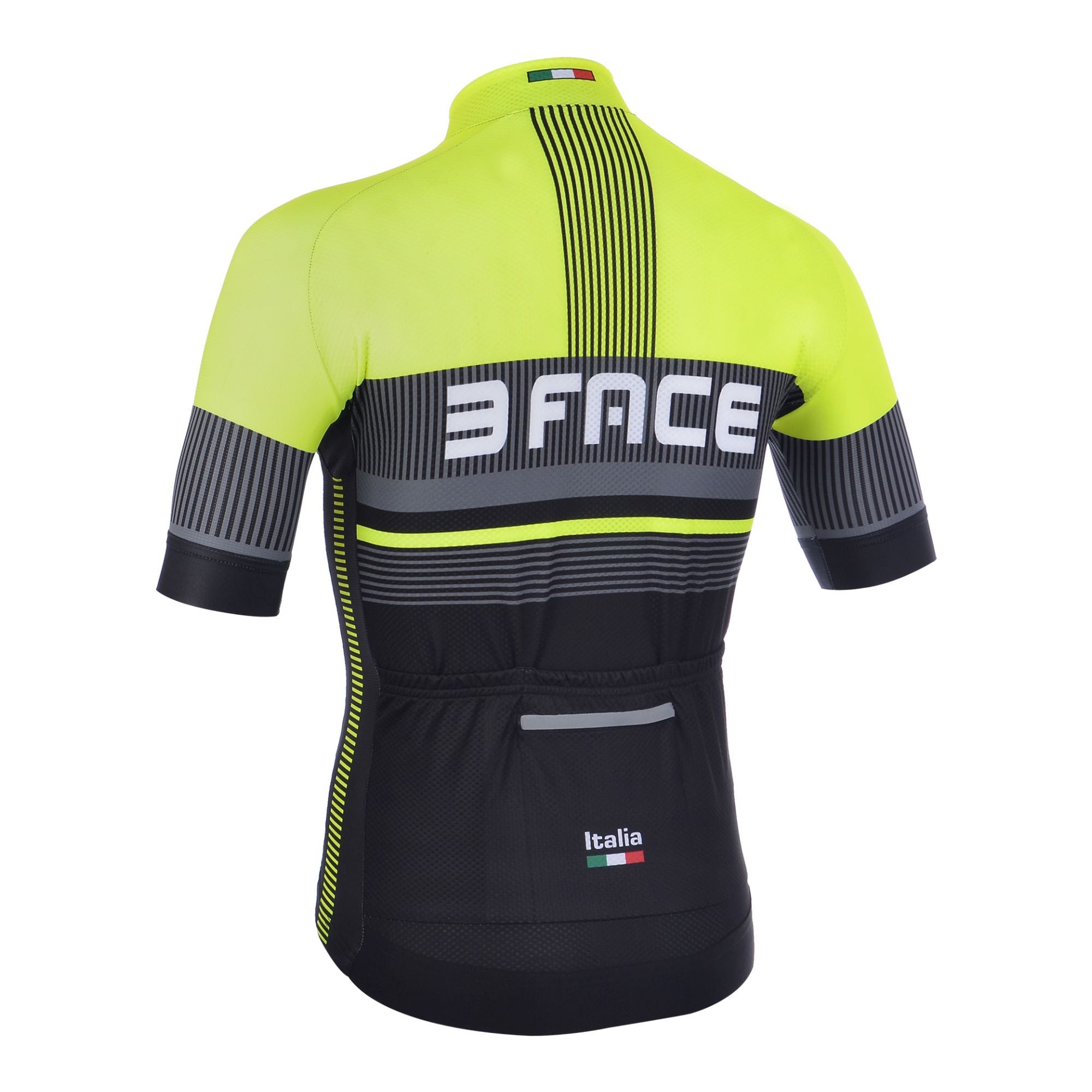 Das Kurzarm-Trikot DEAL von 3face in tiefem Schwarz, aufgenommen von hinten. Die enganliegende Passform sorgt für eine aerodynamische Silhouette, während das atmungsaktive Material Feuchtigkeit optimal ableitet. Die verlängerte Rückenpartie mit praktischen Rückentaschen bietet zusätzlichen Stauraum für lange Velotouren. Perfekt für Fahrer, die auf Performance und zeitloses Design setzen.