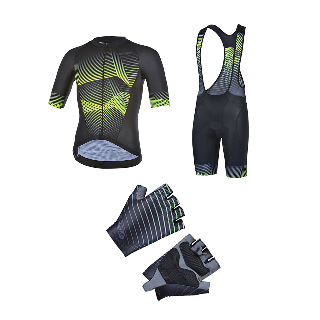 Das 3face Velo-Kit für Herren in Schwarz mit gelben Akzenten, bestehend aus einem kurzärmeligen Trikot, Velohosen und passenden Handschuhen. Das Trikot ist vorne zu sehen, mit einem enganliegenden Schnitt und atmungsaktivem Material für optimalen Komfort. Die Velohosen bieten eine ergonomische Passform mit Sitzpolster, während die Handschuhe für sicheren Grip und Dämpfung sorgen. Ein professionelles Set für ambitionierte Velofahrer.