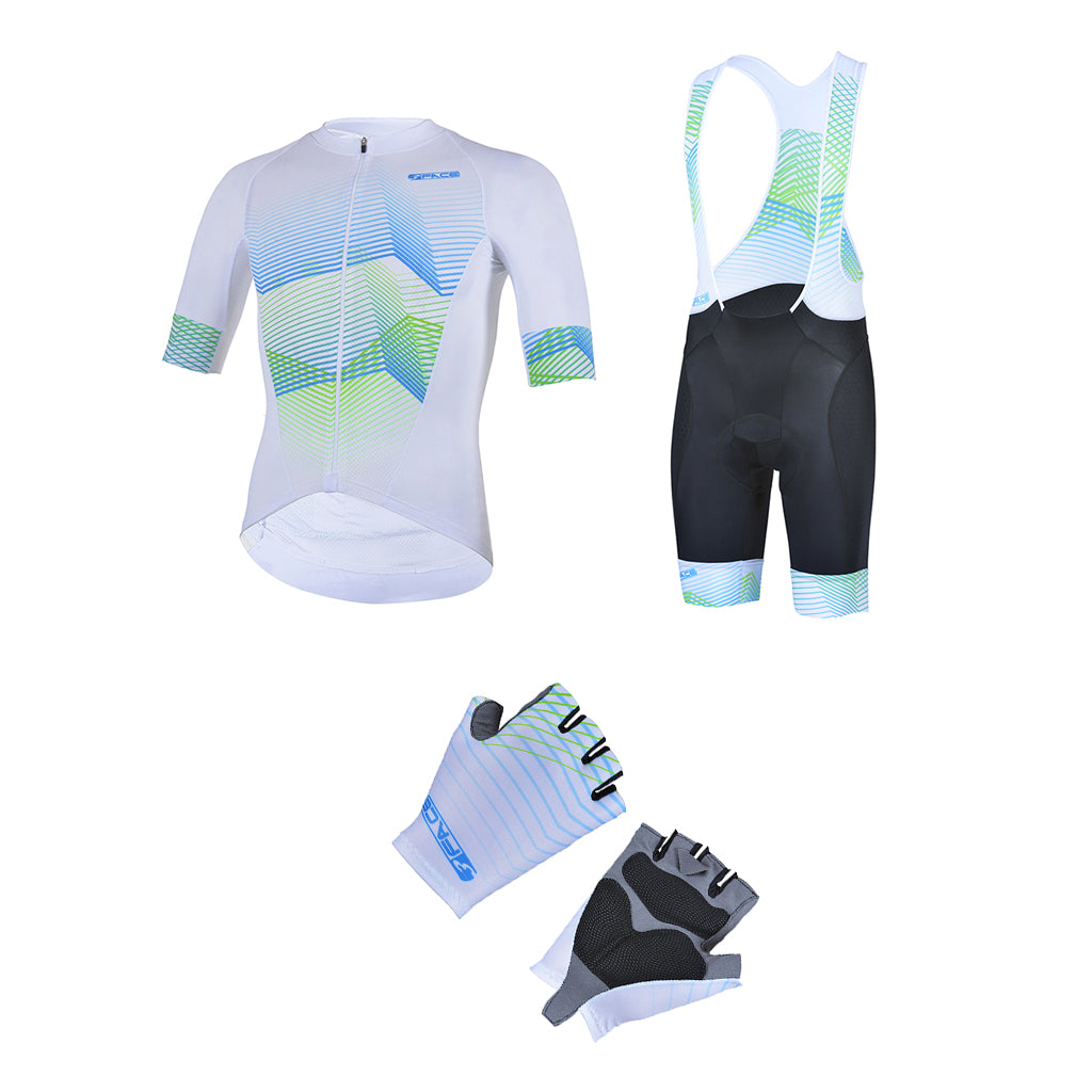 Das 3face Velo-Kit für Herren in Weiss mit gelben Akzenten, bestehend aus einem kurzärmeligen Trikot, Velohosen und passenden Handschuhen. Das Trikot ist vorne zu sehen, mit einem enganliegenden Schnitt und atmungsaktivem Material für optimalen Komfort. Die Velohosen bieten eine ergonomische Passform mit Sitzpolster, während die Handschuhe für sicheren Grip und Dämpfung sorgen. Ein professionelles Set für ambitionierte Velofahrer.