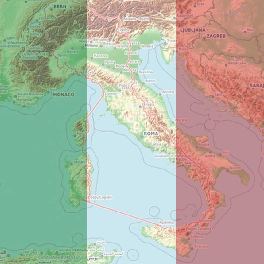 Dieses Bild zeigt eine Italienkarte mit einer markierten Veloroute und einer eingeblendeten italienischen Flagge. Die Strecke verbindet landschaftliche und kulturelle Highlights und eignet sich ideal für eine sportliche Veloreise. Eine Inspiration für alle Italien-Fans auf zwei Rädern.