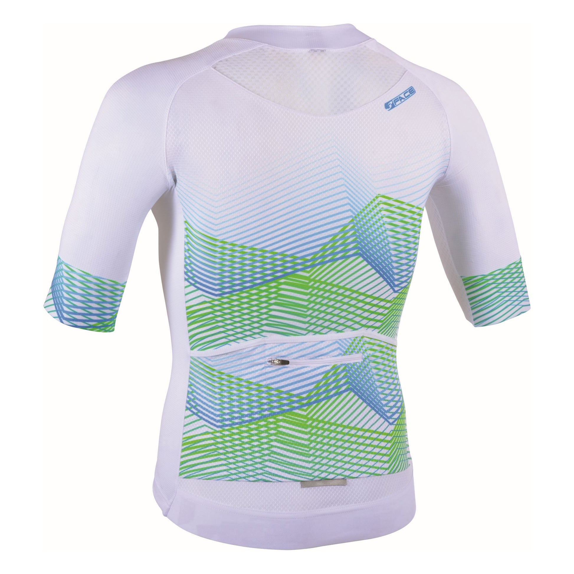 Das Kurzarm-Trikot ELECTRIC von 3face in klassischem Weiss, aufgenommen von hinten. Die enganliegende Passform sorgt für eine aerodynamische Silhouette, während das atmungsaktive Material den Feuchtigkeitstransport optimiert. Die verlängerte Rückenpartie mit praktischen Rückentaschen bietet zusätzlichen Stauraum für lange Velotouren. Ideal für Fahrer, die Funktionalität mit einem minimalistischen Look kombinieren möchten.