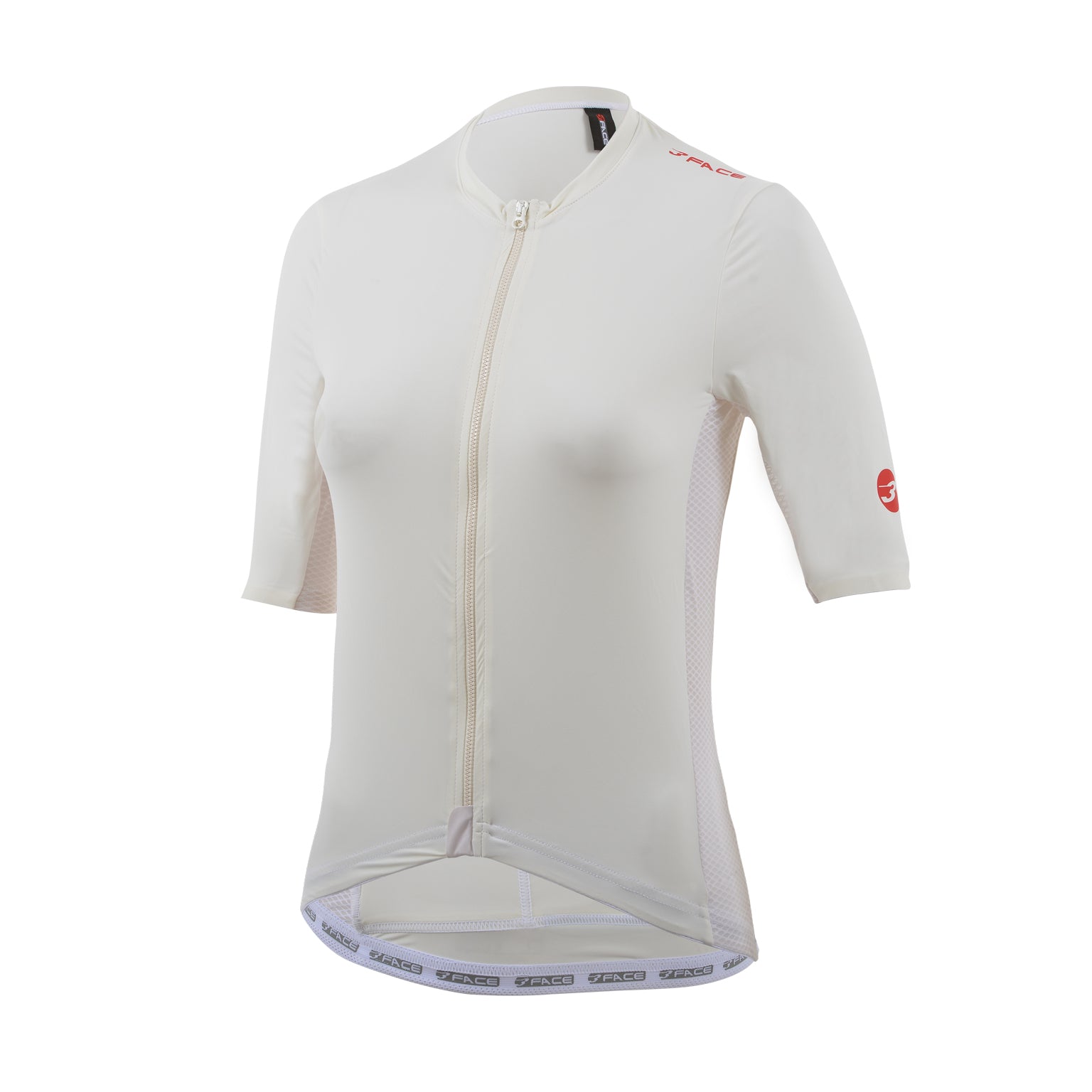 Ein elegantes Damen-Velotrikot der Marke 3face in der Farbe Elfenbein. Das enganliegende Design mit kurzem Reissverschluss und verlängerten Ärmeln bietet eine aerodynamische Passform für sportliche Fahrten. Die glatte Stoffstruktur unterstreicht den minimalistischen Stil. Ideal für modebewusste Velofahrerinnen.