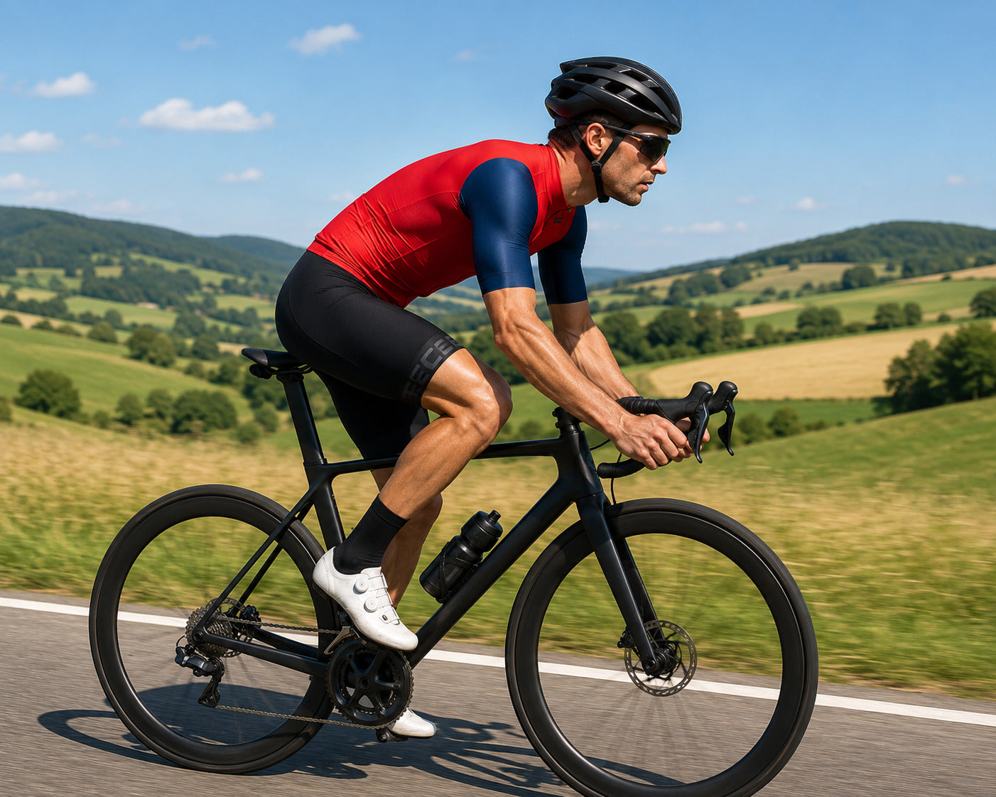 Das Kurzarm-Trikot METALLIC von 3face in leuchtendem Rot mit Metallic-Effekt, aufgenommen von hinten. Die körpernahe Passform sorgt für eine aerodynamische Silhouette, während das atmungsaktive Material den Feuchtigkeitstransport optimiert. Die verlängerte Rückenpartie mit praktischen Rückentaschen bietet zusätzlichen Komfort und Stauraum für lange Velotouren. Perfekt für Fahrer, die Performance und ein modernes Design schätzen.