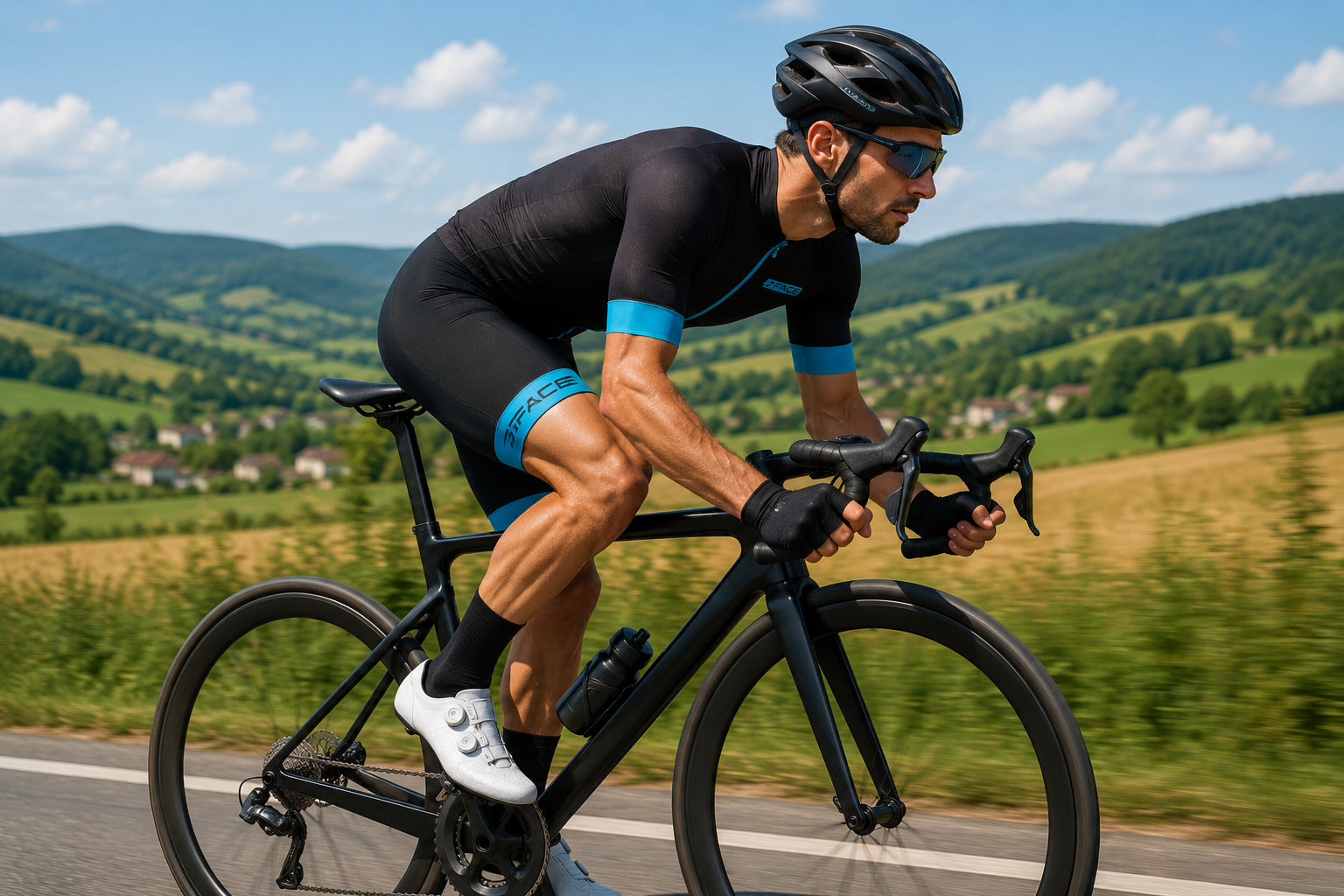 Das Kurzarm-Trikot SPEED von 3face in leuchtendem Hellblau. Die körpernahe Passform sorgt für eine aerodynamische Silhouette, während das atmungsaktive Material für optimalen Feuchtigkeitstransport sorgt. Die verlängerte Rückenpartie mit praktischen Rückentaschen bietet zusätzlichen Komfort und Stauraum für lange Velotouren. Perfekt für sportliche Fahrer, die Funktionalität und Design schätzen.