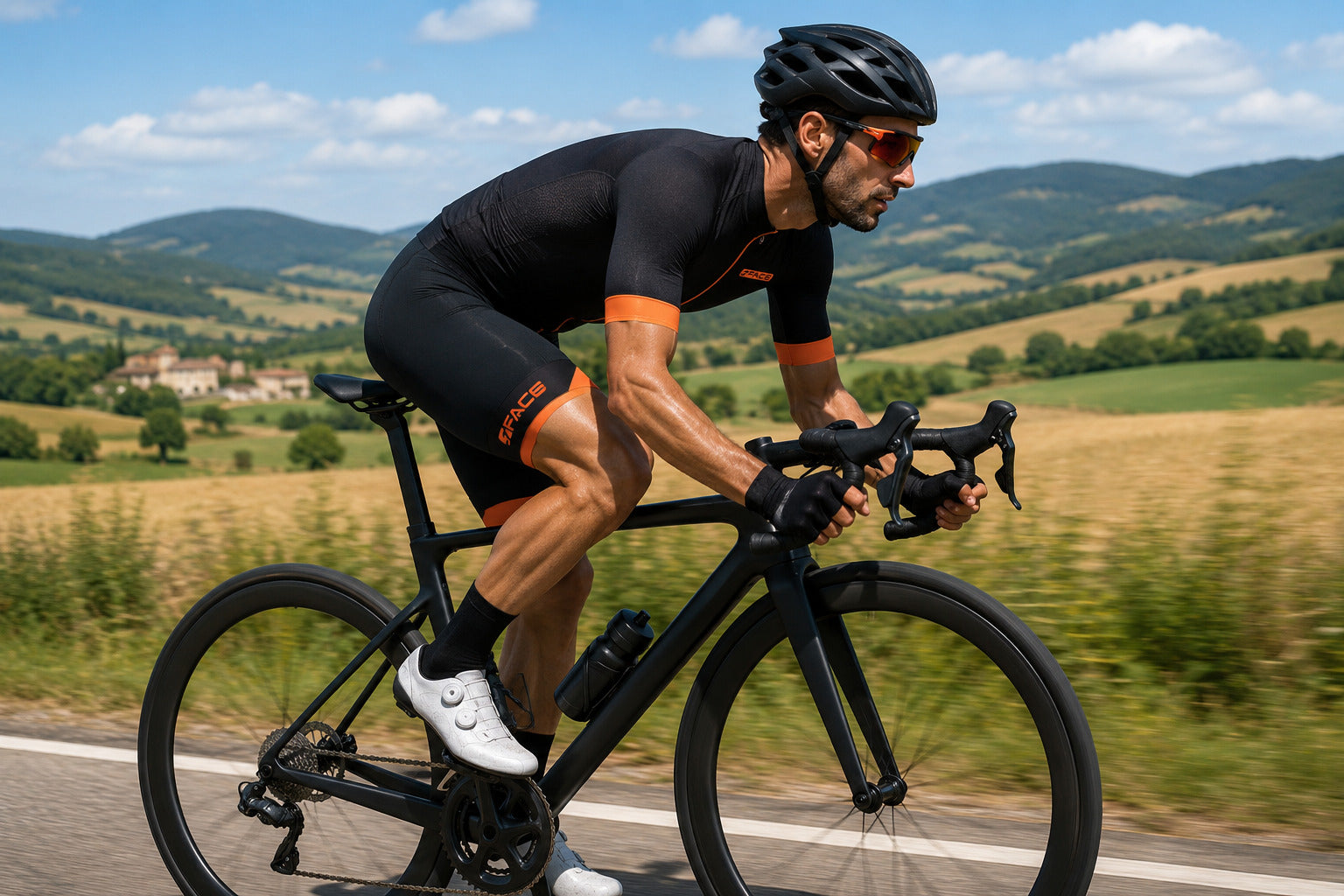 Das Speedy Kurzarm-Velo-Trikot für Herren von 3face in Schwarz-Orange in der Vorderansicht. Die enganliegende Passform sorgt für eine aerodynamische Silhouette, während das leichte, atmungsaktive Material für optimalen Komfort auf langen Velotouren sorgt. Der durchgehende Reissverschluss ermöglicht eine flexible Belüftung. Perfekt für ambitionierte Velofahrer.